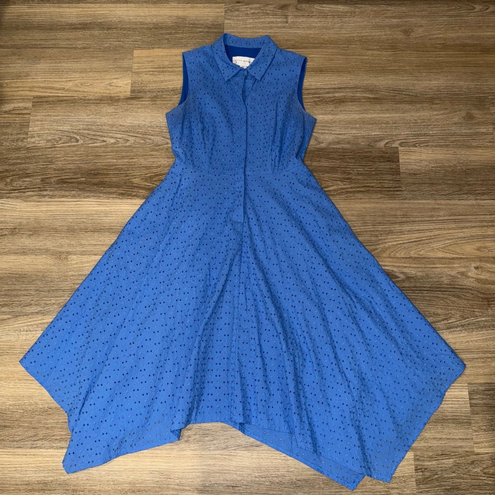Anthropologie Donna Morgan Market Shirt Dress Blue Eyelet Handkerchief Hem 2‎